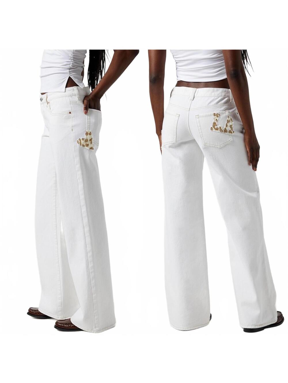 Pacsun Casey Low Rise Baggy Jeans Leopard LA & Heart Patch White NWT Tirza Sz 24
